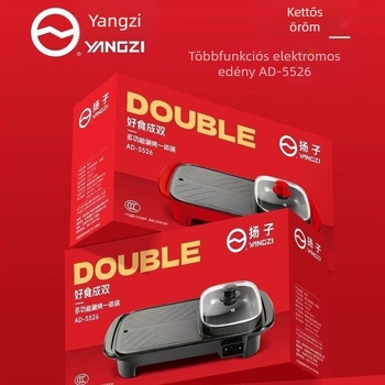 Elektromos forró fazék mindent egyben grill-lel, 1201–1500 W, kapacitás 4–5 L, belső edény alumínium ötvözetből, funkciók: sütés, pirítás, főzés, párolás