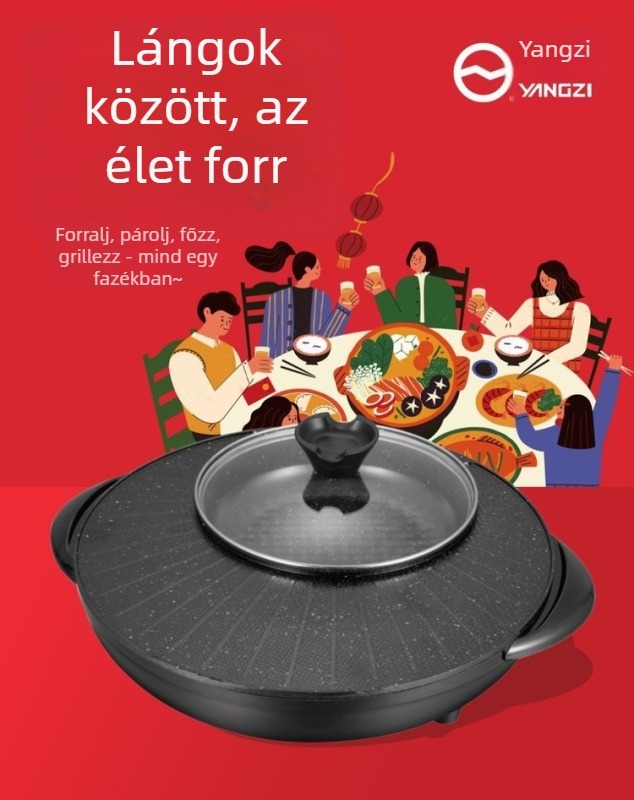 Elektromos forró fazék mindent egyben grill-lel, 1201–1500 W, kapacitás 4–5 L, belső edény alumínium ötvözetből, funkciók: sütés, pirítás, főzés, párolás