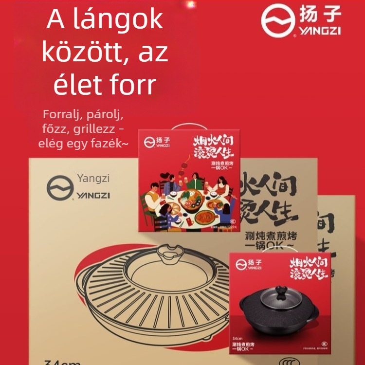 Elektromos forró fazék mindent egyben grill-lel, 1201–1500 W, kapacitás 4–5 L, belső edény alumínium ötvözetből, funkciók: sütés, pirítás, főzés, párolás
