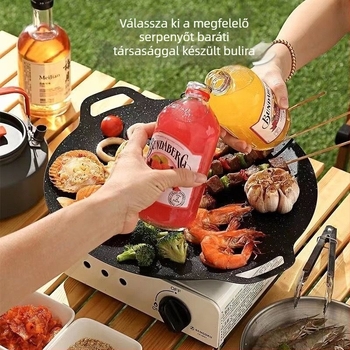Kempingezésre hordozható, körkörös vas grillserpenyő