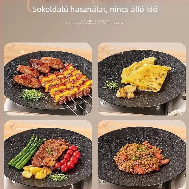 Kempingezésre hordozható, körkörös vas grillserpenyő