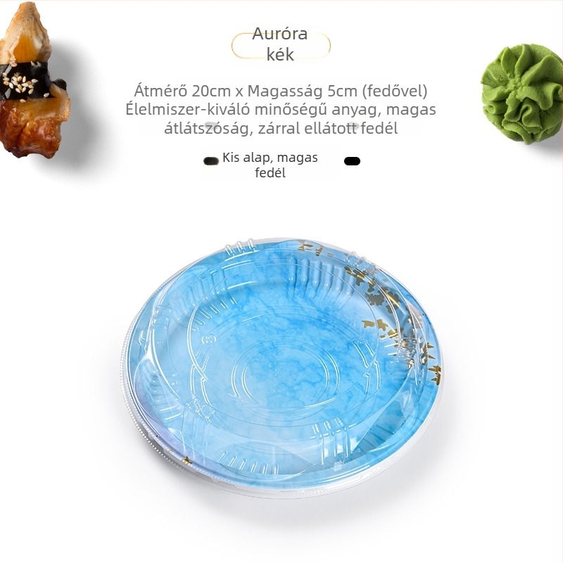 Kerek sushis doboz sashimi és lazac elvitelre – egyszer használatos, lebomló anyag, logónyomás elérhető, mikrohullámú sütő nem használható, biológiailag lebomló: Nem