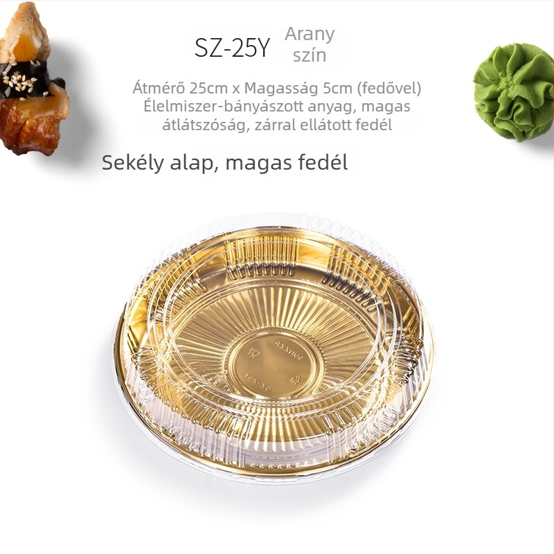 Kerek sushis doboz sashimi és lazac elvitelre – egyszer használatos, lebomló anyag, logónyomás elérhető, mikrohullámú sütő nem használható, biológiailag lebomló: Nem