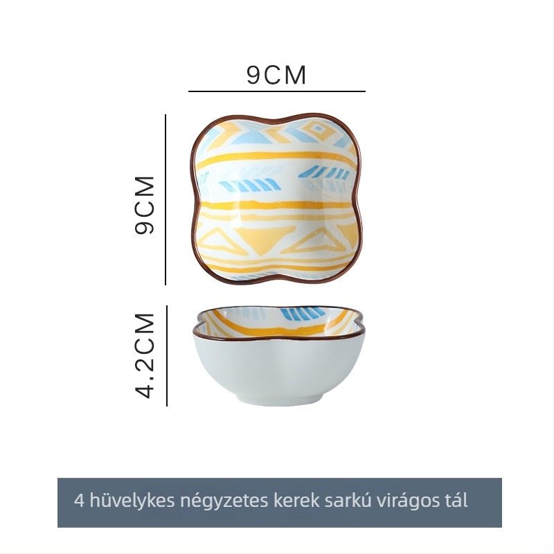 Porcelános tálak és tányérok, bohé stílus, kézzel festett felület, karikatúra minta, mikrohullámú sütőben használható