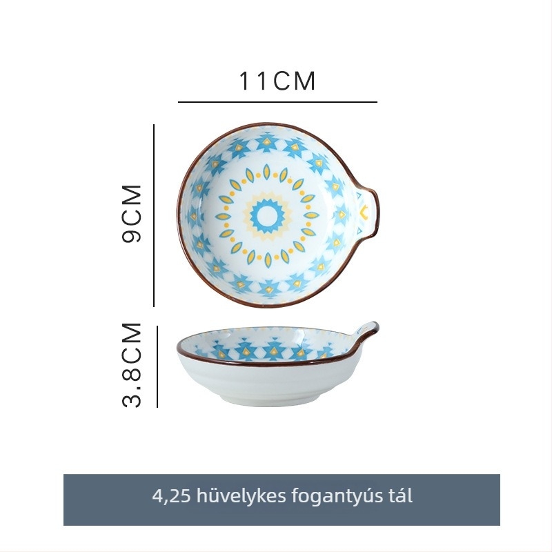 Porcelános tálak és tányérok, bohé stílus, kézzel festett felület, karikatúra minta, mikrohullámú sütőben használható