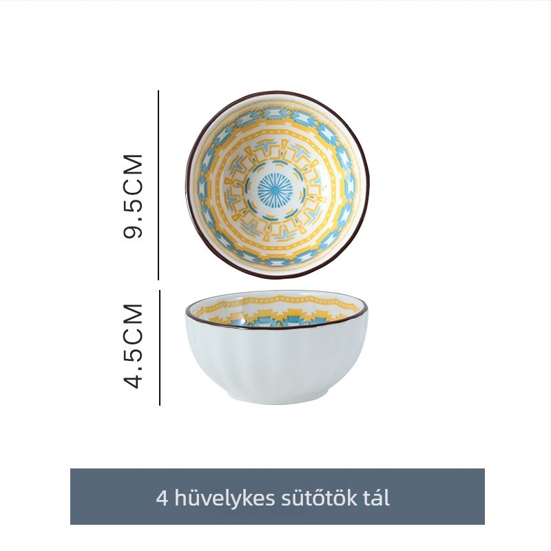 Porcelános tálak és tányérok, bohé stílus, kézzel festett felület, karikatúra minta, mikrohullámú sütőben használható