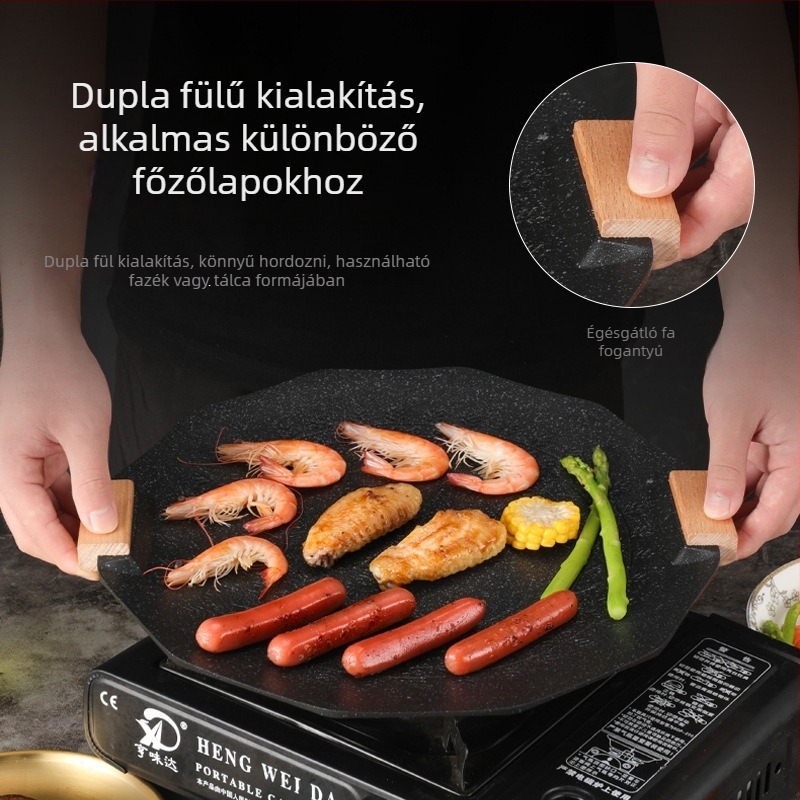 Koreai stílusú Maifanite grill tálca, vasból, kör alakú, hordozható és tapadásmentes, 2 kg, préstechnológia, prémium