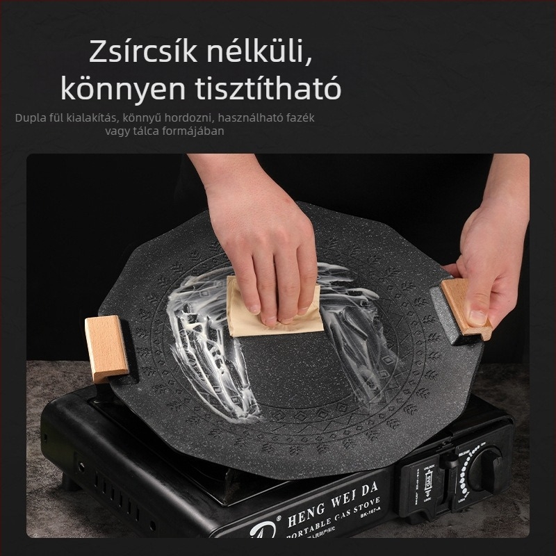 Koreai stílusú Maifanite grill tálca, vasból, kör alakú, hordozható és tapadásmentes, 2 kg, préstechnológia, prémium