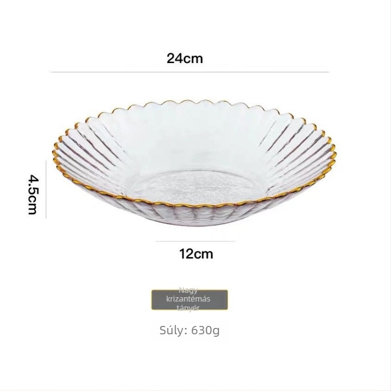 Üveg tányér és tál készlet virágpetál alakú, csíkos mintázat, tartalmaz gyümölcs- és desszerttányért, hőálló üveg