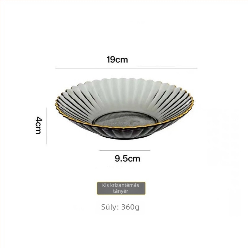 Üveg tányér és tál készlet virágpetál alakú, csíkos mintázat, tartalmaz gyümölcs- és desszerttányért, hőálló üveg