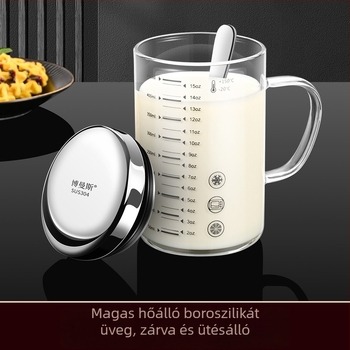 Boroszilikát üvegből készült mérőedény skálázással, hőálló és mikrózható, fedővel