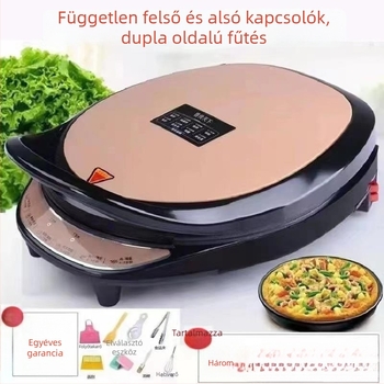 Elektromos sütőserpenyő, kétoldalas fűtés, 1200–1500W, gombos vezérlés, sütési funkció