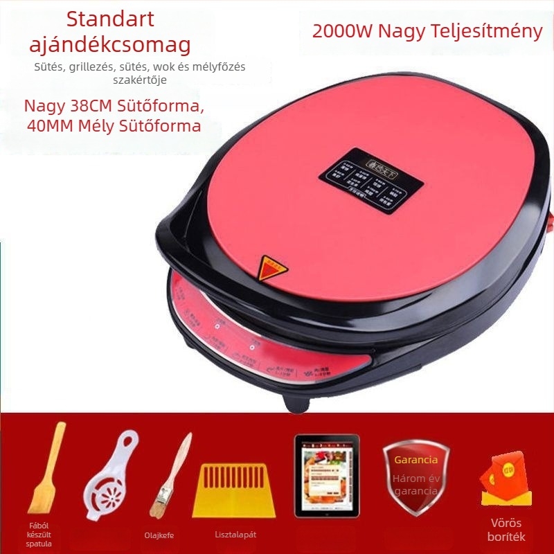 Elektromos sütőserpenyő, kétoldalas fűtés, 1200–1500W, gombos vezérlés, sütési funkció