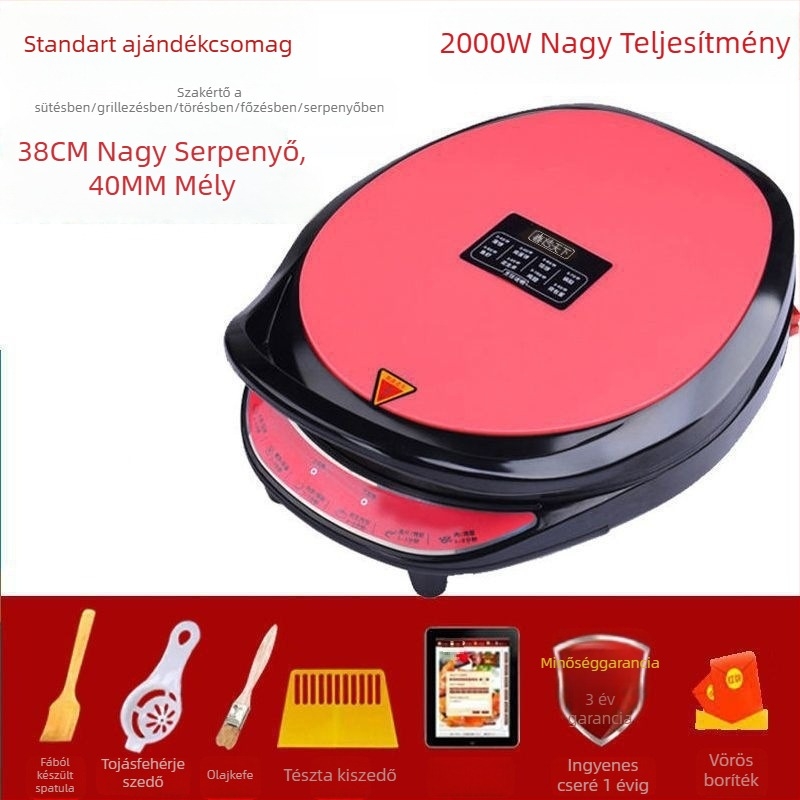 Elektromos sütőserpenyő, kétoldalas fűtés, 1200–1500W, gombos vezérlés, sütési funkció