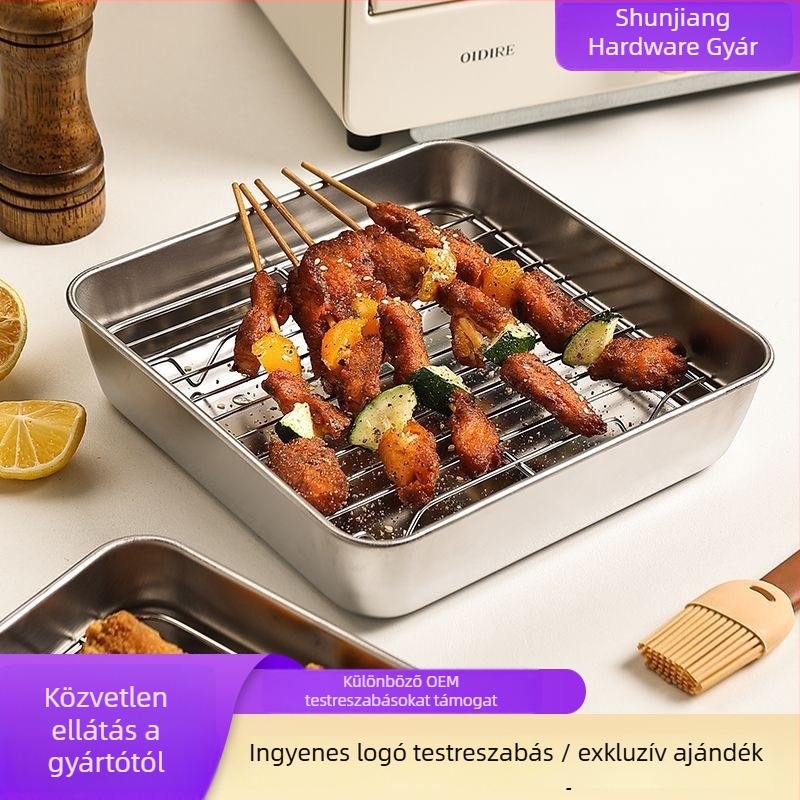 Rozsdamentes acél négyszögletes leeresztőtálca hálóval, megerősített kivitel, légsütőhöz