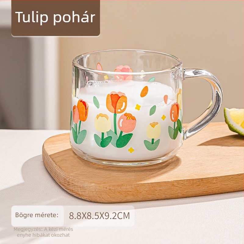 Virágmintás szódalime üveg reggeliző pohár fedővel és kanállal, elegáns fogantyúval, kör alakú formájú