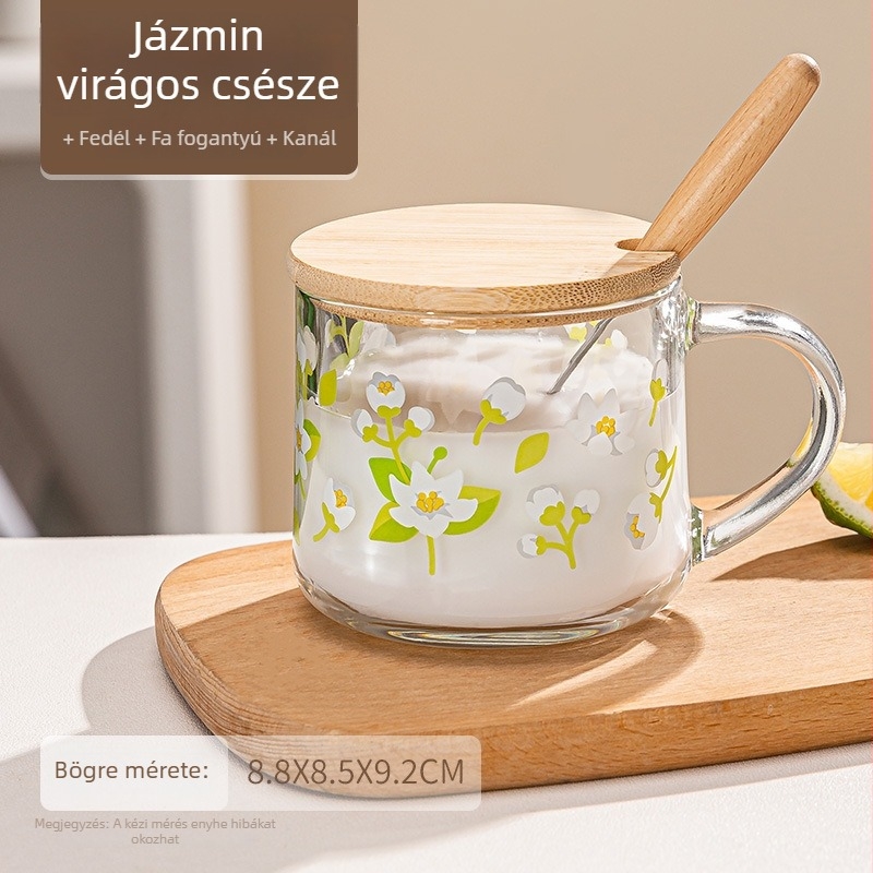 Virágmintás szódalime üveg reggeliző pohár fedővel és kanállal, elegáns fogantyúval, kör alakú formájú