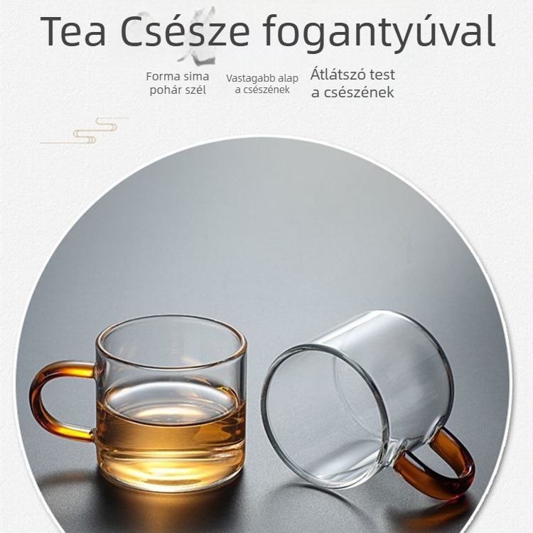 Fogantyúval, hőálló boroszilikát üvegből készült teáscsésze, két darabos készlet, kézzel égetett