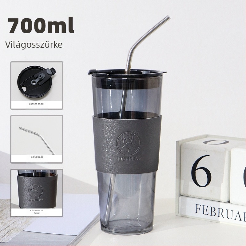 Üveg pohár szívószállal, könnyed luxus stílus, hengeres forma, magas hőállóság, nyomtatott logó