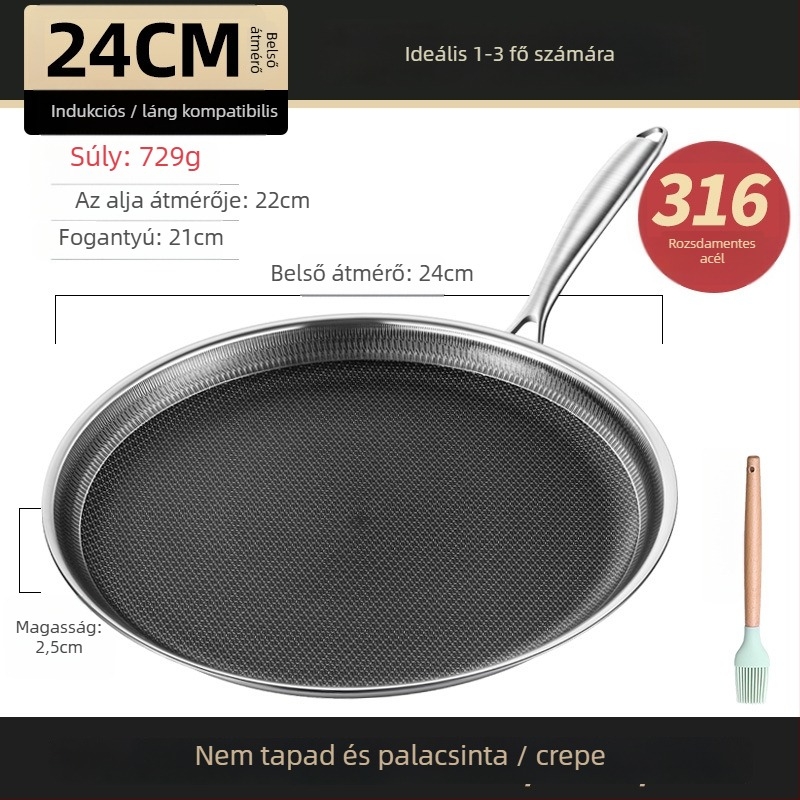 Serpenyő, 316 nem mágneses rozsdamentes acél, tapadásmentes, többszörös alsó réteg, mélység 2 cm, súly 1 kg