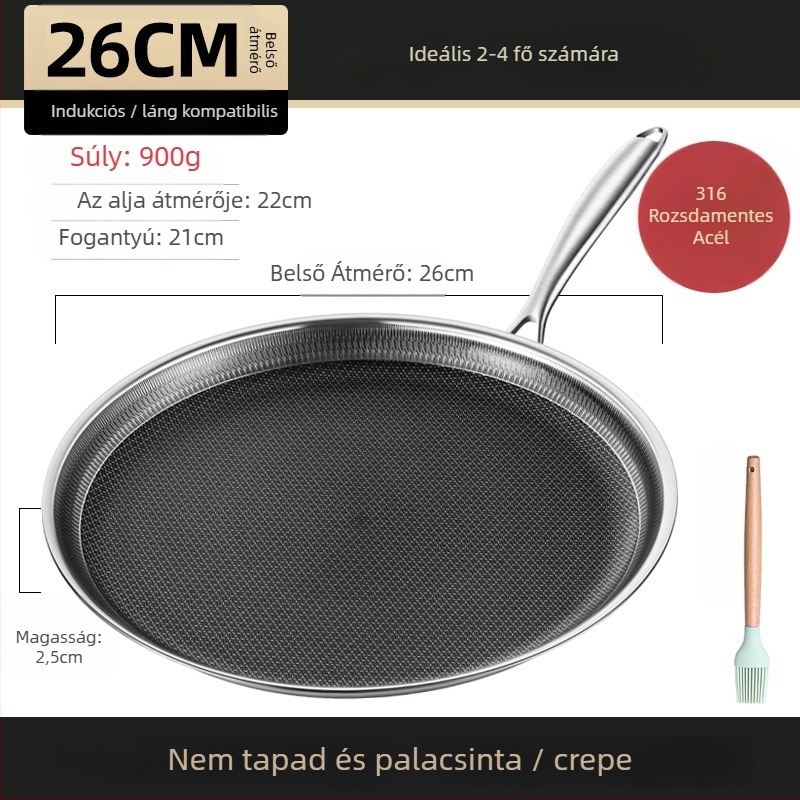 Serpenyő, 316 nem mágneses rozsdamentes acél, tapadásmentes, többszörös alsó réteg, mélység 2 cm, súly 1 kg