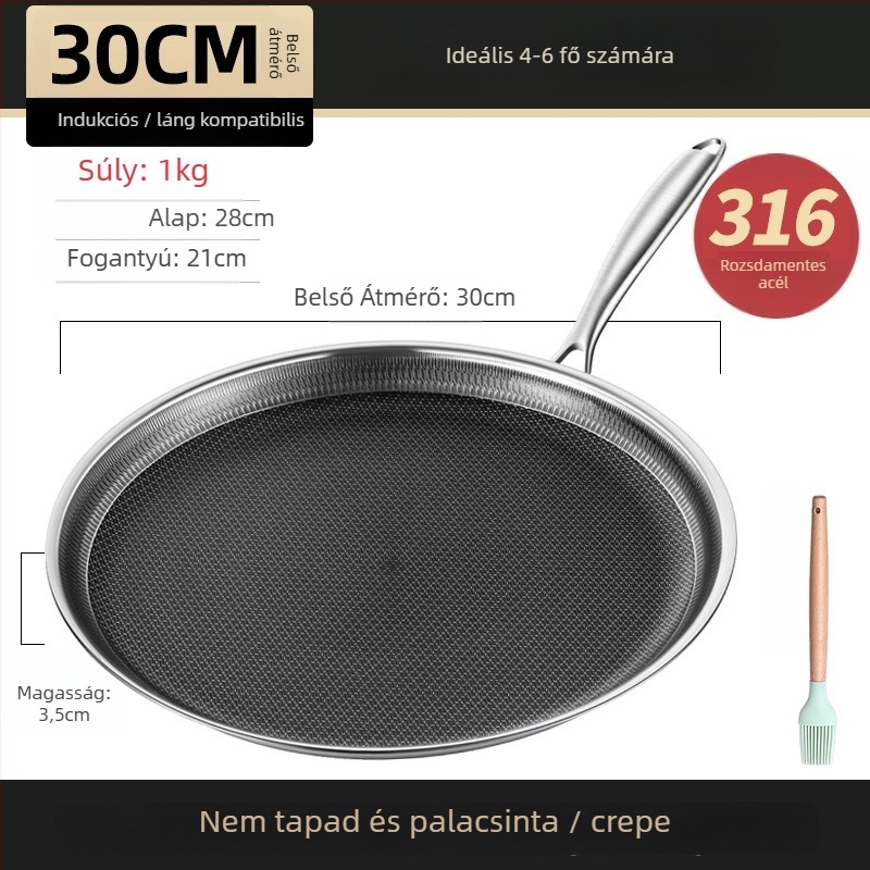 Serpenyő, 316 nem mágneses rozsdamentes acél, tapadásmentes, többszörös alsó réteg, mélység 2 cm, súly 1 kg