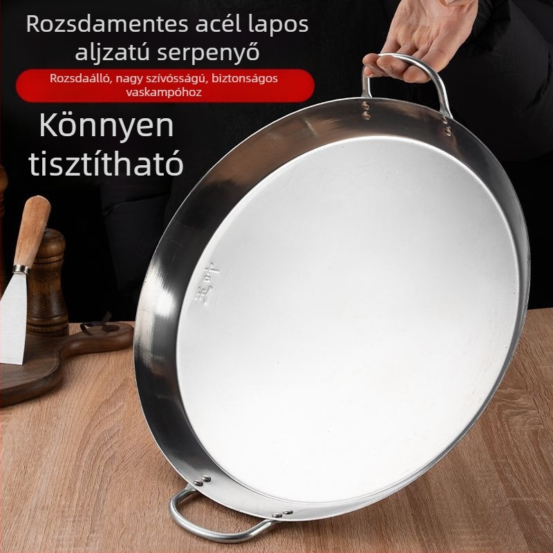 Rozsdamentes acél palacsintasütő, sík alj, két füllel, vastagított alj, indukciós és gáztűzhelyhez kompatibilis