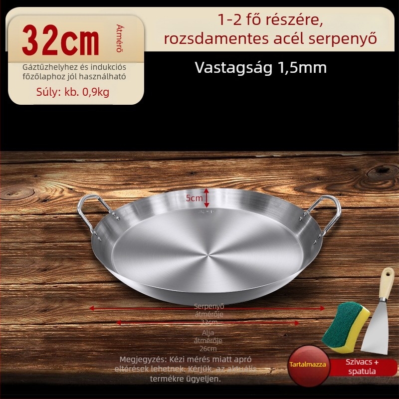 Rozsdamentes acél palacsintasütő, sík alj, két füllel, vastagított alj, indukciós és gáztűzhelyhez kompatibilis