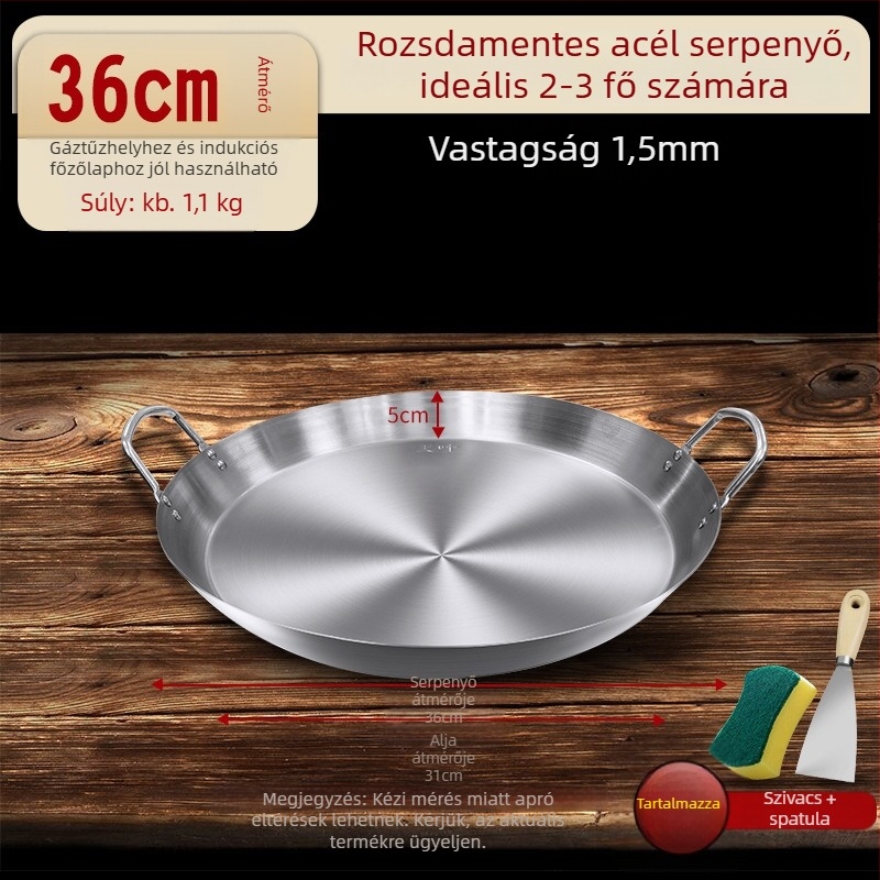 Rozsdamentes acél palacsintasütő, sík alj, két füllel, vastagított alj, indukciós és gáztűzhelyhez kompatibilis