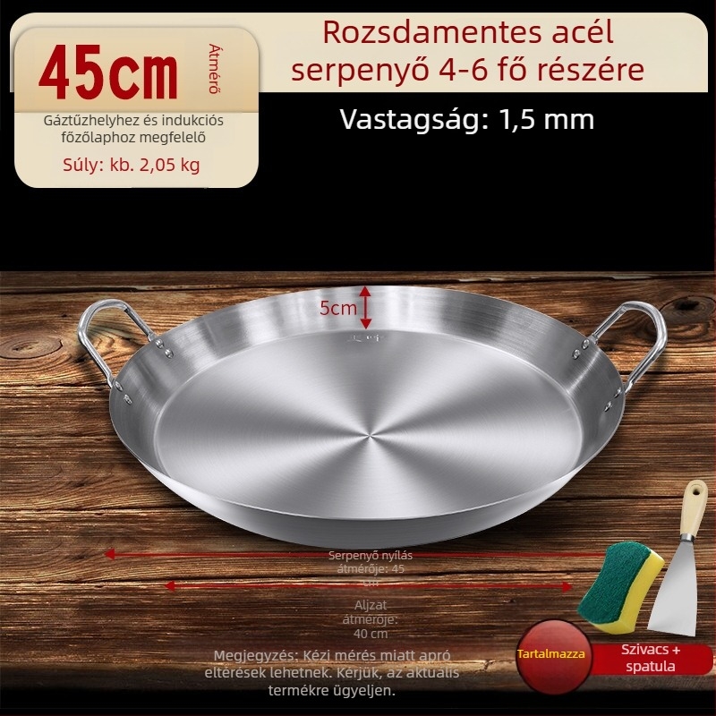 Rozsdamentes acél palacsintasütő, sík alj, két füllel, vastagított alj, indukciós és gáztűzhelyhez kompatibilis