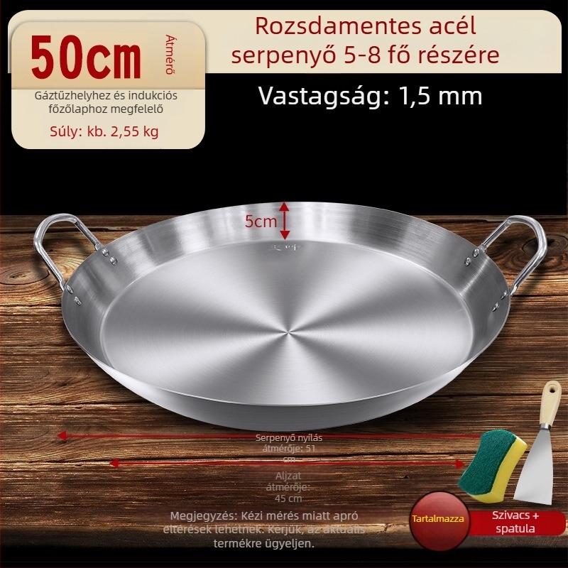 Rozsdamentes acél palacsintasütő, sík alj, két füllel, vastagított alj, indukciós és gáztűzhelyhez kompatibilis
