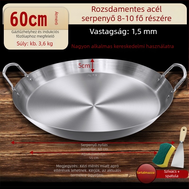 Rozsdamentes acél palacsintasütő, sík alj, két füllel, vastagított alj, indukciós és gáztűzhelyhez kompatibilis
