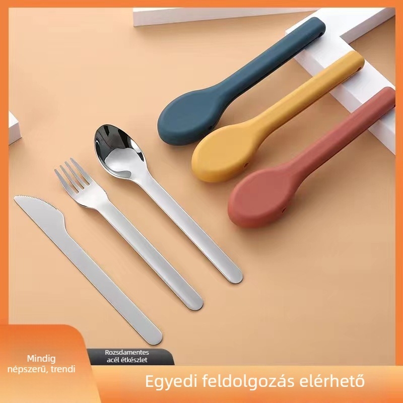 Tang Chef 304 rozsdamentes acélból készült kés, villa és kanál készlet – hordozható szilikon dobozban, három darab, tükrös polírozás, modern minimalista dizájn