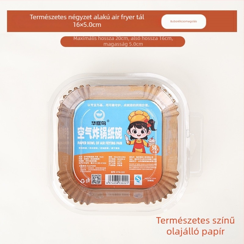 Négyzet alakú légsütő papír, szilikon-olajjal bevont sütőpapír, 40 g/m², olajfelszívó