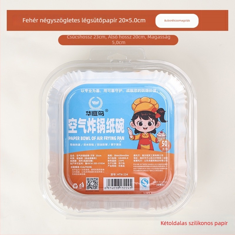 Négyzet alakú légsütő papír, szilikon-olajjal bevont sütőpapír, 40 g/m², olajfelszívó