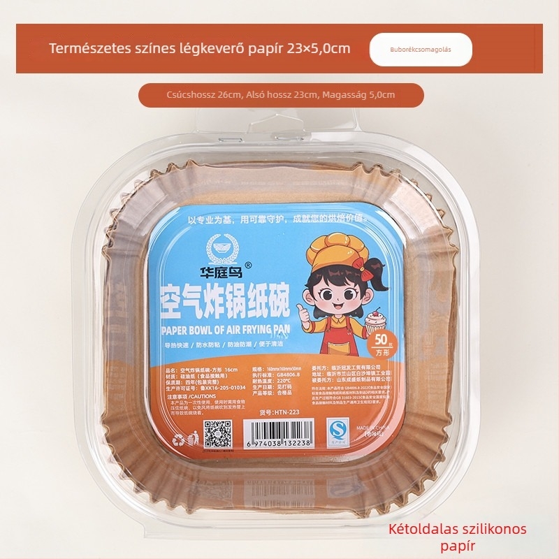 Négyzet alakú légsütő papír, szilikon-olajjal bevont sütőpapír, 40 g/m², olajfelszívó