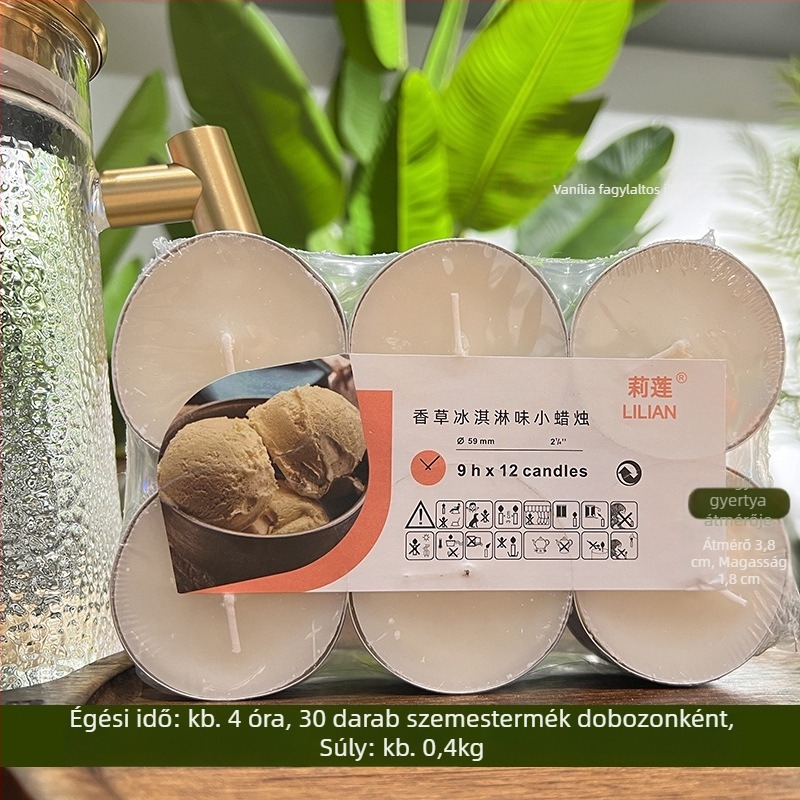 Füstmentes illatos gyertya, hengeres alakú, félig kézi és félig mechanikus feldolgozás, nyomtatott logóval