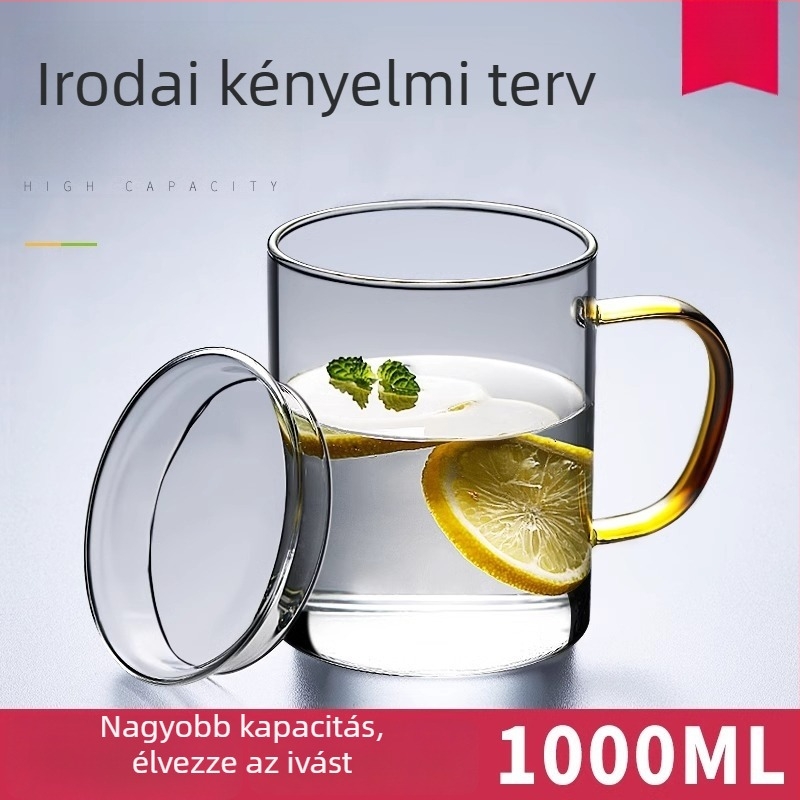 Fogantyús üveges teás pohár – hőálló, kerek formájú, egy adagnak, közvetlen ivásra szolgáló fedél