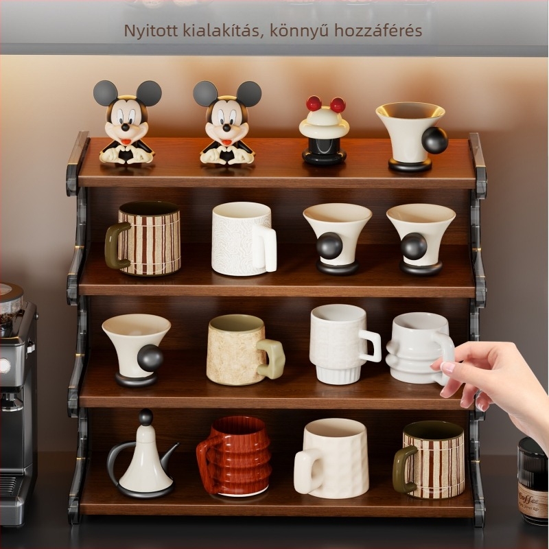 Asztali pohártartó és tároló polc — könnyű luxus retro stílus, több rétegű kivitel, anyagok: akril + sűrű lemez