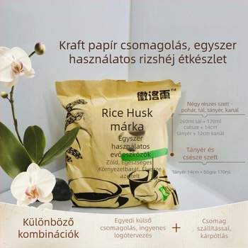 Rizshéj étkészlet, egyszer használatos, biológiailag lebomló, vastagított és strapabíró, találkozókra, kempingezésre és éttermekbe