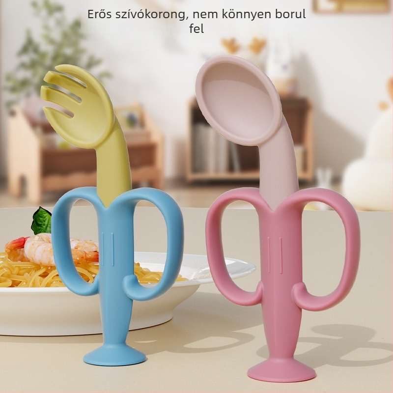 Silikonból készült gyerekeknek kanál és villa önálló etetéshez, baba tanuláshoz, minimalist stílus (1 készlet)