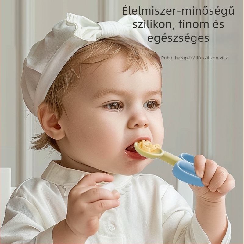 Silikonból készült gyerekeknek kanál és villa önálló etetéshez, baba tanuláshoz, minimalist stílus (1 készlet)