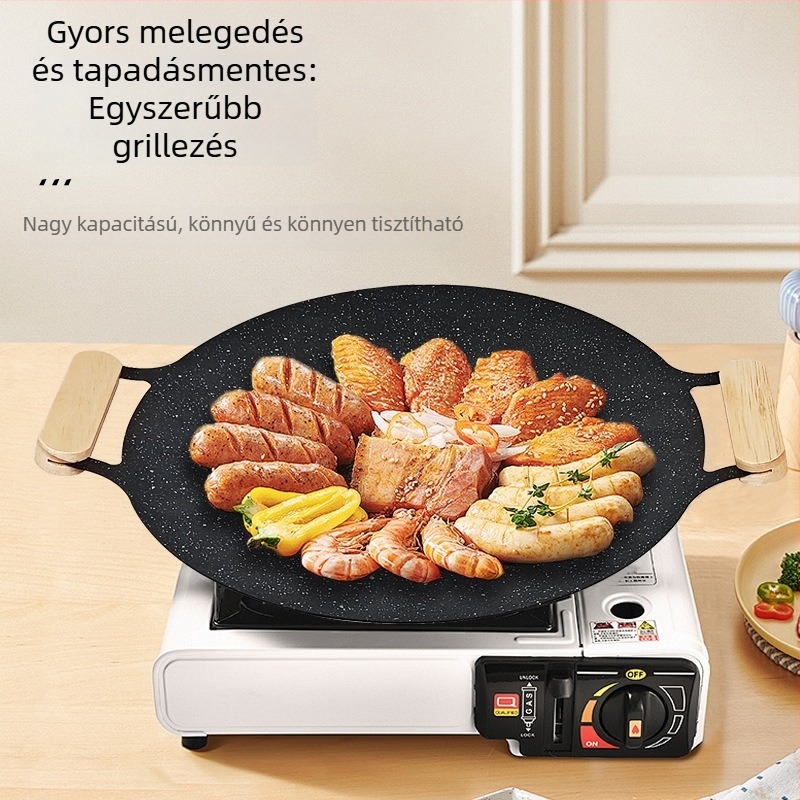 Koreai teppanyaki grill serpenyő – kör alakú, fémből készült, hordozható (1–3 kg; többfunkciós; könnyen tisztítható)