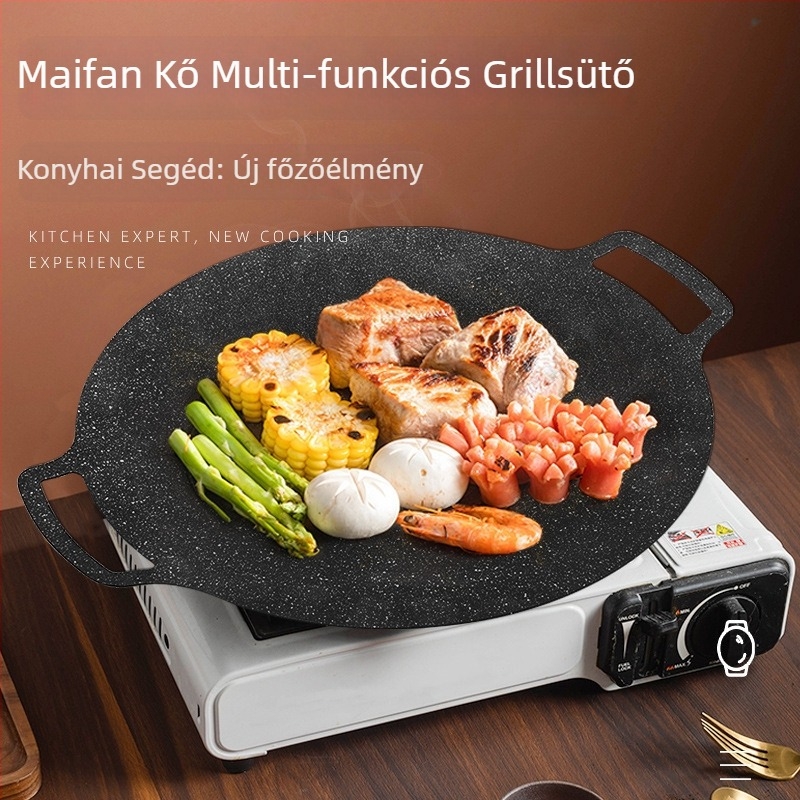 Koreai teppanyaki grill serpenyő – kör alakú, fémből készült, hordozható (1–3 kg; többfunkciós; könnyen tisztítható)
