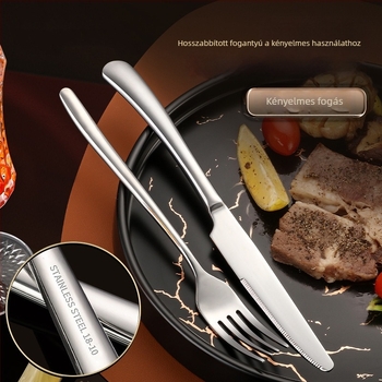 Steak kés, villa és kanál három darabos készlet, 304 rozsdamentes acélból, tükörfényes felülettel; kézzel készített és logóval testreszabható