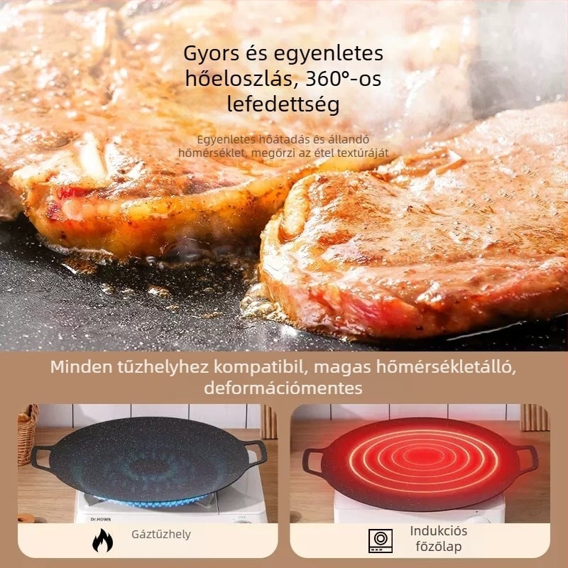 Maifan kő kör alakú kültéri serpenyő/grill, tapadásmentes felülettel, sütéshez és grillezéshez, indukcióval és gázzal kompatibilis, tömege 1.58 kg