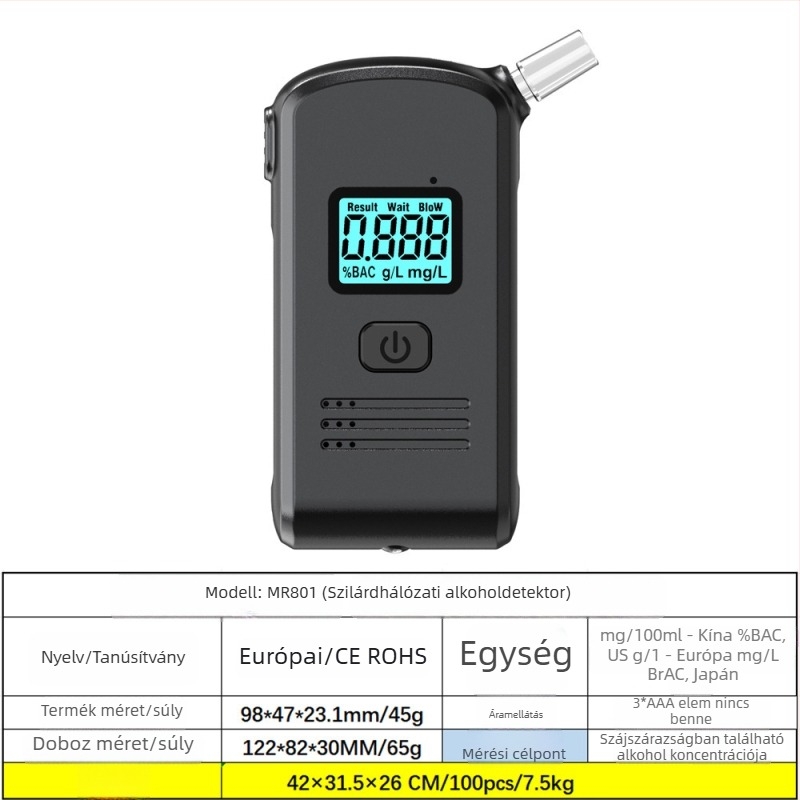 Hordozható kilégzéses alkoholszint-mérő MR997, RCXAZ, mérési tartomány 0,00–0,19% BAC, pontosság ±0,01% BAC, reakcióidő 5 mp