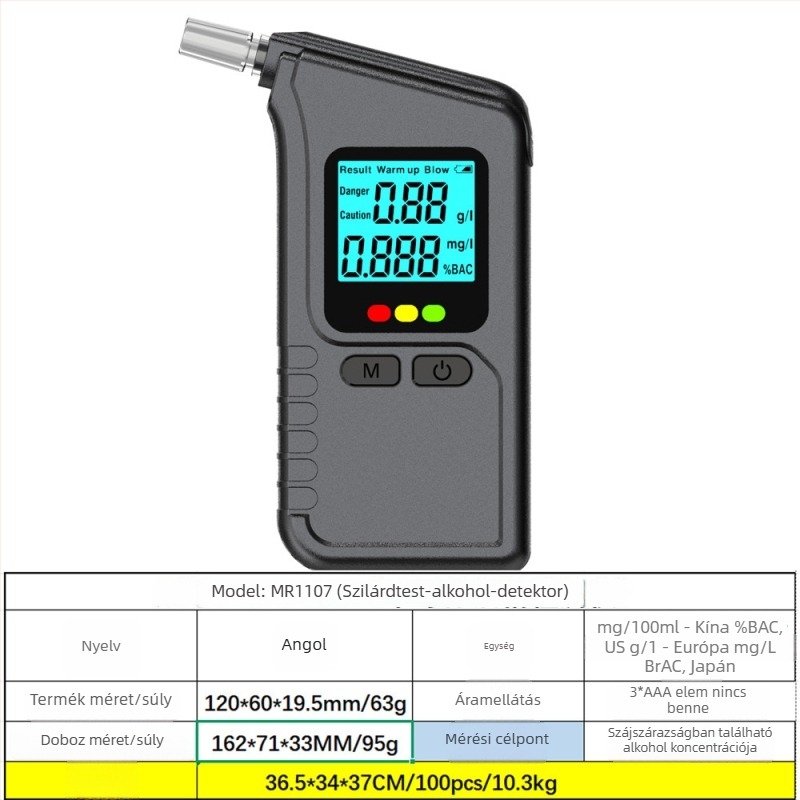 Hordozható kilégzéses alkoholszint-mérő MR997, RCXAZ, mérési tartomány 0,00–0,19% BAC, pontosság ±0,01% BAC, reakcióidő 5 mp