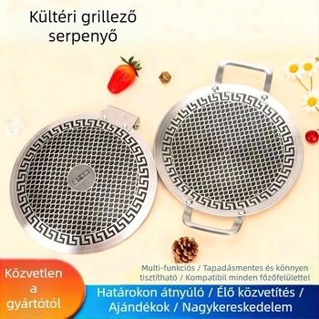 BBQ grillsütő serpenyő, kör alakú, rozsdamentes acél, tapadásmentes bevonat, hordozható