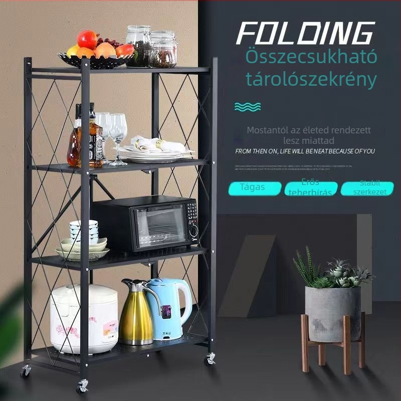 5-állásos konyhai tároló állvány összecsukható, telepítés nélkül, szabadon álló, szénacélból, mikrohullámú sütő kiegészítőinek tárolására